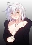  ahoge blush breasts breasts_apart collarbone commentary eyebrows_visible_through_hair fate/grand_order fate_(series) fleur_de_lis fur_collar hair_between_eyes jeanne_d'arc_(alter)_(fate) jeanne_d'arc_(fate)_(all) jewelry looking_at_viewer medium_breasts necklace parted_lips racer_(magnet) silver_hair smirk solo sweatdrop upper_body wicked_dragon_witch_ver._shinjuku_1999 yellow_eyes 