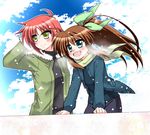  arm_behind_head arm_support black_shirt breath brown_hair cloud cloudy_sky day eyebrows_visible_through_hair fuuka_reventon green_coat green_eyes green_ribbon hair_ribbon kohaku_(kohagura) leaning_forward light_particles light_smile looking_to_the_side lyrical_nanoha multiple_girls nove_(nanoha) numbers_(nanoha) open_mouth outdoors ponytail red_hair ribbon shirt short_hair sky smile vivid_strike! yellow_eyes 