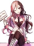  crossed_legs ecru english long_hair multicolored_hair necktie neo_(rwby) one_eye_closed rwby signpost solo tongue tongue_out 