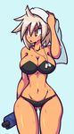  1girl :o average-hanzo bangs bikini blazblue blazblue:_chronophantasma bottle breasts bullet_(blazblue) collarbone dark_skin dog_tags eyebrows eyebrows_visible_through_hair hair_between_eyes holding large_breasts looking_away navel necklace open_mouth orange_eyes platinum_blonde scar short_hair solo swimsuit towel wet 