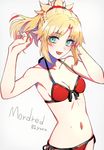  bikini blonde_hair braid breasts eyebrows_visible_through_hair fate/apocrypha fate_(series) green_eyes long_hair mordred_(fate)_(all) mordred_(swimsuit_rider)_(fate) red_bikini simple_background small_breasts solo swimsuit yuura 