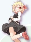  ass black_skirt blonde_hair fang hair_ribbon long_sleeves looking_at_viewer miniskirt natsu_no_koucha open_mouth red_eyes red_footwear red_ribbon ribbon rumia shoes skirt skirt_set socks solo touhou vest white_legwear 