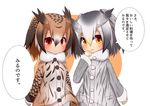  :&lt; absurdres bangs brown_coat brown_hair closed_mouth coat commentary_request eurasian_eagle_owl_(kemono_friends) eyebrows_visible_through_hair fur_collar gloves gradient_hair grey_coat grey_gloves grey_hair hair_between_eyes hand_to_own_mouth hand_up head_wings highres idaten93 kemono_friends long_hair long_sleeves looking_at_viewer multicolored_hair multiple_girls northern_white-faced_owl_(kemono_friends) parted_lips print_coat red_eyes translation_request white_background yellow_eyes yellow_gloves 