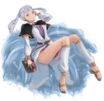  1girl black_clover book breasts cleavage dress feet full_body high_heels legs looking_at_viewer medium_breasts noelle_silva parted_lips purple_eyes silver_hair sitting solo twintails water 