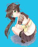  asamushi_yuunagi bad_id bad_pixiv_id black_skirt blue_background brown_footwear brown_hair green_eyes highres k_mugura long_hair onsen_musume ponytail shoes shorts shorts_under_skirt skirt smile solo squatting 