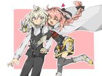  2boys ahoge armor armored_dress astolfo_(fate) bangs black_legwear black_pants black_ribbon blunder blush boots braid cape cloak couple eyebrows_visible_through_hair eyes_closed fang fate/apocrypha fate_(series) fur_trim garter_straps gauntlets greyscale hair_ornament hair_ribbon heart hug long_braid long_hair long_pants long_sleeves looking_back male_focus monochrome multicolored_hair otoko_no_ko pants pink_hair red_eyes ribbon shirt short_hair sieg_(fate/apocrypha) silver_hair single_braid thighhighs thighhighs_under_boots thighs trap turtleneck two-tone_hair very_long_hair waistcoat white_boots white_cape white_cloak white_footwear white_shirt 