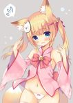  animal_ear_fluff animal_ears ass_visible_through_thighs bangs bare_shoulders bell blonde_hair blue_eyes blush bow bow_panties cat_hair_ornament detached_sleeves eyebrows_visible_through_hair fang fox_ears fox_girl fox_tail grey_background groin hair_bell hair_between_eyes hair_ornament hair_ribbon hairclip hands_up head_tilt jingle_bell kemomimi_oukoku_kokuei_housou long_hair long_sleeves looking_at_viewer mikoko_(kemomimi_oukoku_kokuei_housou) navel no_pants panties parted_lips purinko red_bow red_ribbon ribbon sidelocks solo spoken_flying_sweatdrops tail thighhighs twintails underwear virtual_youtuber white_legwear white_panties wide_sleeves 