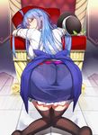 ass bent_over black_hat black_legwear blue_hair blue_skirt blush closed_mouth food foreshortening frilled_skirt frills from_behind fruit hat hat_removed headwear_removed highres hinanawi_tenshi kneeling knees_together_feet_apart leaf long_hair looking_at_viewer looking_back neropaso panties pantylines peach rainbow_order red_eyes see-through shirt skirt solo striped striped_panties thighhighs touhou underwear vertical-striped_panties vertical_stripes white_shirt 