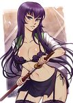  adapted_costume black_panties blue_eyes bra breasts busujima_saeko cleavage collarbone contrapposto cuts garter_straps highschool_of_the_dead holding holding_sword holding_weapon iahfy injury katana lace lace-trimmed_bra lace-trimmed_thighhighs left-handed lips long_hair medium_breasts navel panties purple_hair scabbard school_uniform serafuku sheath side-tie_panties side_slit slender_waist solo standing stomach sword thighhighs underwear unsheathing weapon 