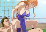  1girl ;q armpits bare_arms bare_legs bare_shoulders blue_dress bracelet breast_grab breasts cleavage collarbone dress grass highres kyabakurabakufu large_breasts legs long_hair looking_away lots_of_jewelry lying matching_hair/eyes nami_(one_piece) one_piece orange_eyes orange_hair outdoors shiny shiny_skin smile solo tattoo thighs tongue tongue_out 