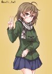  anti_(untea9) bandaid bandaid_on_face blue_skirt brown_background brown_eyes brown_hair commentary_request gradient gradient_background green_coat grey_scarf highres kantai_collection oboro_(kantai_collection) plaid plaid_scarf pleated_skirt scarf short_hair skirt solo twitter_username v 