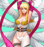  angewomon bare_shoulders bass386 blonde_hair blue_eyes breasts cleavage commentary_request digimon large_breasts long_hair looking_at_viewer multiple_wings no_headwear no_helmet shiny shiny_skin smile solo wings 