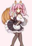  alternate_costume animal_ears apron black_legwear breasts cleavage derivative_work enmaided fate/grand_order fate_(series) fox_ears fox_shadow_puppet fox_tail highres karin260rs large_breasts looking_at_viewer maid maid_apron maid_headdress pantyhose pink_background pink_hair simple_background solo tail tamamo_(fate)_(all) tamamo_no_mae_(fate) thighhighs twintails waist_apron yellow_eyes 