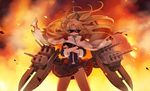  azur_lane bangs blonde_hair burnt_clothes cape cleveland_(azur_lane) commentary cowboy_shot crossed_arms deal_with_it debris explosion fingerless_gloves gloves gunbuster_pose long_hair long_sleeves looking_at_viewer one_side_up open_mouth panties pantyshot pantyshot_(standing) parted_bangs pleated_skirt rigging side-tie_panties skirt smile smirk solo standing sunglasses symbol-shaped_pupils turret underwear white_panties yellow_eyes yuko_(uc_yuk) 