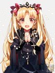  :d banned_artist black_dress blonde_hair chain dress ereshkigal_(fate/grand_order) eyebrows_visible_through_hair fate/grand_order fate_(series) hair_ribbon hands_clasped hiba_(jun) highres long_hair nail_polish open_mouth own_hands_together red_eyes red_nails red_ribbon ribbon sketch smile solo tiara twintails very_long_hair 