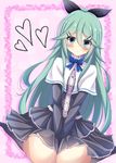  alternate_costume bangs between_legs blue_neckwear blue_ribbon blush capelet closed_mouth commentary_request dress eyebrows_visible_through_hair frilled_dress frills green_eyes green_hair hair_between_eyes hair_flaps hair_ornament hairclip hand_between_legs heart kakeyu kantai_collection long_hair looking_at_viewer parted_bangs ponytail ribbon simple_background sitting solo wariza yamakaze_(kantai_collection) 