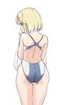  ass blonde_hair blue_eyes competition_swimsuit cowboy_shot from_behind hair_ornament hairclip looking_at_viewer looking_back one-piece_swimsuit original short_hair simple_background solo standing swimsuit tamu_(mad_works) thigh_gap two-tone_swimsuit white_background 