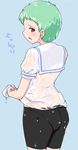  ass bad_id bad_pixiv_id bike_shorts black_shorts blue_background cowboy_shot debutya_aki dress dress_lift green_hair light_green_hair looking_at_viewer looking_back matano_seiko pantylines parted_lips purple_eyes saki shiraitodai_school_uniform short_hair short_sleeves shorts solo standing very_short_hair wet wet_clothes wet_hair wringing_clothes 