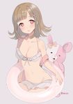  bikini blush breasts brown_hair chagoon danganronpa hair_ornament hairpin highres innertube jewelry medium_breasts monomi_(danganronpa) nanami_chiaki pink_eyes ribbon short_hair skirt stuffed_animal stuffed_toy super_danganronpa_2 swimsuit twitter_username 