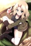  black_shirt blonde_hair blue_eyes blue_shorts boots breasts brown_jacket cleavage commentary_request day denim denim_shorts emblem eyebrows_visible_through_hair from_above girls_und_panzer grass grin ground_vehicle hair_intakes highres jacket kay_(girls_und_panzer) large_breasts long_hair long_sleeves looking_at_viewer looking_up m4_sherman military military_uniform military_vehicle motor_vehicle nakahira_guy outdoors pointing pointing_up saunders_military_uniform shirt short_shorts shorts sitting smile star tank tank_top thighhighs uniform v-shaped_eyebrows white_legwear 
