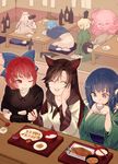  :3 animal_ears bad_id bad_pixiv_id bandages banned_artist black_hair black_hat blouse blue_bow blue_eyes blue_hair blue_skirt bottle bow bowl brooch brown_hair chopsticks closed_eyes commentary_request crossed_arms cup dress drinking fang fish food green_dress green_kimono hair_bow hat head_fins highres holding imaizumi_kagerou indoors japanese_clothes jewelry kimono kumoi_ichirin lap_pillow long_sleeves looking_down mononobe_no_futo multiple_girls murasa_minamitsu red_eyes red_hair rice sauce saucer sekibanki silver_hair sitting skirt sleeping smile socks soga_no_tojiko soup table tate_eboshi touhou towako_(10wk0) tray unzan wakasagihime wariza white_legwear wolf_ears 