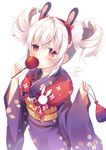  amamine animal_ears azur_lane bangs blue_kimono blush bow bunny_ears candy_apple commentary_request covered_mouth double_bun eyebrows_visible_through_hair fingernails floral_print food hair_between_eyes hair_bow hair_ornament hairband holding holding_food japanese_clothes kimono kinchaku laffey_(azur_lane) long_sleeves looking_at_viewer obi pouch print_kimono red_bow red_eyes red_hairband sash signature silver_hair simple_background solo white_background wide_sleeves 