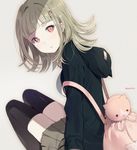  brown_hair chagoon danganronpa hair_ornament hairpin hood hoodie jacket jewelry nanami_chiaki pink_eyes short_hair skirt solo stuffed_animal stuffed_toy super_danganronpa_2 thighhighs 