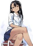  774_(nanashi) black_hair blue_skirt blush brown_eyes closed_mouth collared_shirt crossed_legs dark_skin fang_out hair_ornament hairclip highres ijiranaide_nagatoro-san long_hair looking_at_viewer nagatoro school_uniform shirt sitting skirt sleeves_rolled_up smile solo stool white_shirt wing_collar 