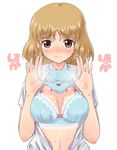  bad_id bad_pixiv_id blonde_hair blue_bra blue_panties blush bow bow_bra bow_panties bra breasts brown_eyes closed_mouth debutya_aki dress_shirt embarrassed eyebrows_visible_through_hair frown lace lace-trimmed_bra looking_at_viewer medium_breasts medium_hair morigaki_yuuka navel open_clothes open_shirt panties presenting_panties saki saki_achiga-hen shirt simple_background solo standing sweat underwear upper_body wavy_mouth white_background white_shirt 