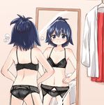  ass bad_id bad_pixiv_id bed black_bra black_panties blue_eyes blue_hair bra breasts breath closed_mouth clothes_removed crotch_seam debutya_aki garter_belt hair_up hakama_skirt hands_on_hips indoors iwato_akise lingerie looking_at_viewer mirror panties red_skirt reflection saki shirt short_hair skirt small_breasts smile solo standing underwear underwear_only v-shaped_eyebrows white_shirt 