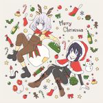  animal_ears antlers bell black_hair boots bow candle capelet christmas christmas_stocking cross-laced_footwear gift holly honebami_toushirou hood l_a_n_a lace-up_boots male_focus merry_christmas multiple_boys namazuo_toushirou overalls purple_eyes reindeer_antlers reindeer_ears reindeer_tail sack smile snowflakes snowman star tail touken_ranbu white_hair 