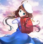  &gt;:) ahoge backpack bad_id bad_pixiv_id bag bangs beret blue_dress blue_eyes blue_sky blush brown_hair closed_mouth cloud cloudy_sky commentary_request day dress eyebrows_visible_through_hair from_behind hair_ribbon hat head_tilt hinatsuru_ai long_hair long_sleeves looking_at_viewer looking_back low_twintails outdoors puffy_short_sleeves puffy_sleeves randoseru ribbon ryuuou_no_oshigoto! school_uniform shi_erupi short_over_long_sleeves short_sleeves sky smile solo twintails v-shaped_eyebrows very_long_hair white_hat yellow_ribbon 