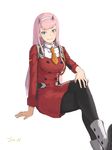  absurdres black_legwear blue_eyes boots breasts crossed_legs darling_in_the_franxx double-breasted highres horns jonathan_h long_hair looking_at_viewer medium_breasts military military_uniform pantyhose pink_hair simple_background skirt smile solo uniform white_background zero_two_(darling_in_the_franxx) 