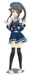  alternate_costume badge beret black_hair black_legwear blue_shirt blue_skirt detached_sleeves frilled_skirt frills full_body hat high_school_fleet highres hiraizumi_(mugenkidousha) long_hair munetani_mashiro neckerchief pleated_skirt ponytail red_eyes red_neckwear sailor_collar shirt skirt solo standing thighhighs transparent_background w_arms wargaming_japan white_sailor_collar 