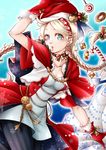  biscuit blue_eyes braid breasts candy capelet christmas cleavage earrings ebi_puri_(ebi-ebi) eponine_(fire_emblem_if) fire_emblem fire_emblem_if food gloves hairband hat jewelry leaf long_hair medium_breasts open_mouth pantyhose santa_hat snowflakes solo twin_braids white_hair 