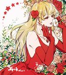  bangs blonde_hair breasts dress earrings elbow_gloves elysion flower gloves hair_flower hair_ornament jewelry long_hair miharuko_(kopera) red_dress red_eyes red_flower solo sound_horizon stella_(sound_horizon) white_flower 