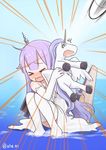  &gt;_&lt; ahenn azur_lane blush commentary doll_hug dress elbow_gloves emphasis_lines flight_deck gloom_(expression) gloves long_hair open_mouth purple_hair scared squatting stuffed_alicorn stuffed_animal stuffed_toy thighhighs twitter_username unicorn_(azur_lane) water wavy_mouth white_dress white_gloves white_legwear 