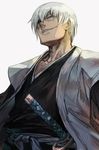  belt black_shirt bleach blue_eyes eyepatch grey_background grin hankuri ichimaru_gin jacket japanese_clothes katana looking_at_viewer male_focus open_clothes open_jacket samurai shirt silver_hair simple_background smile solo sword upper_body weapon white_jacket 