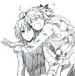  2boys ahoge astolfo_(fate) bangs belt braid couple eyebrows_visible_through_hair eyes_closed fang fate/apocrypha fate_(series) greyscale hair_between_eyes hair_ornament hair_ribbon hooded_jacket hug long_braid long_hair long_sleeves male_focus monochrome navel one_eye_closed open_clothes otoko_no_ko ribbon shirt short_hair sieg_(fate/apocrypha) single_braid skirt striped_shirt takasaki_(rock_rock) trap very_long_hair waistcoat 