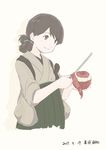  apple artist_name beige_background blue_ribbon brown_eyes brown_hair commentary_request dated folded_ponytail food fruit hakama japanese_clothes kantai_collection kasuga_maru_(kantai_collection) knife mihama_machi peeling ribbon simple_background smile solo taiyou_(kantai_collection) tasuki 