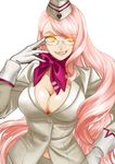  &gt;:) breasts chito04 choker cleavage commentary_request earrings fate/grand_order fate_(series) formal glasses gloves hand_on_eyewear hat highres huge_breasts jewelry koyanskaya long_hair looking_at_viewer midriff_peek pink_hair ribbon ribbon_choker sleeve_cuffs solo suit v-shaped_eyebrows very_long_hair white_background white_gloves yellow_eyes 