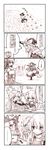  4girls 4koma :/ :d =_= alcohol apron arguing bottle bowl braid broom broom_riding chopsticks christmas comic commentary_request detached_sleeves dress drunk eating flying food frown hakurei_reimu hat highres kirisame_marisa kochiya_sanae long_hair magazine messy_hair mochi547 multiple_girls open_mouth party pot running sad side_braid single_braid smile spoken_ellipsis steam touhou translated waist_apron waving wavy_hair wine_bottle witch_hat yakumo_yukari 