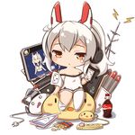  ame. ayanami_(azur_lane) azur_lane bag_of_chips bangs bare_shoulders blush bottle breasts brown_eyes cellphone chibi chips cleavage cola commentary_request eyebrows_visible_through_hair food grey_hair high_ponytail lightning_bolt long_hair medium_breasts off-shoulder_shirt parted_lips phone ponytail potato_chips shirt short_sleeves sitting smartphone solo stylus thighhighs thighhighs_pull torpedo white_background white_legwear white_shirt 