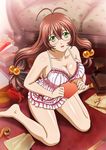  ahoge barefoot box brown_hair feet gift_box gift_wrapping glasses green_eyes hair_ornament heart-shaped_box ikkitousen kneeling long_hair looking_at_viewer nightgown pink_dress ryuubi_gentoku short_dress sofa tagme 