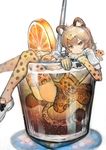  :&lt; animal_ears ass blonde_hair brown_eyes closed_mouth commentary_request cup desuka_(sasadango6) drink drinking_straw elbow_gloves food from_side fruit fur_collar gloves hair_between_eyes high-waist_skirt highres ice ice_cube in_container in_cup jaguar_(kemono_friends) jaguar_ears jaguar_print jaguar_tail kemono_friends looking_at_viewer minigirl orange orange_slice sitting skirt solo tail thighhighs white_background white_footwear 
