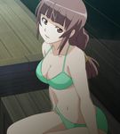  1girl bikini breasts brown_eyes brown_hair cleavage highres ikuno_emiru large_breasts long_hair nozoki_ana screencap sitting smile stitched 