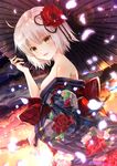  ahoge bare_shoulders cherry_blossoms fate/grand_order fate_(series) floral_print flower hair_flower hair_ornament highres iroha_(shiki) japanese_clothes jeanne_d'arc_(alter)_(fate) jeanne_d'arc_(fate)_(all) kimono looking_at_viewer open_mouth oriental_umbrella petals short_hair silver_hair solo umbrella yellow_eyes 