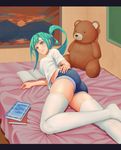  aqua_eyes aqua_hair ass bad_id bad_pixiv_id blue_shorts book denim denim_shorts hand_on_hip highres indoors looking_at_viewer mouth_hold navel on_bed open_book original ponytail short_shorts shorts sirocco solo stuffed_animal stuffed_toy sunset teddy_bear thighhighs white_legwear window 