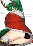  absurdres ass black_footwear black_legwear boots cape christmas cosplay embarrassed fire_emblem fire_emblem:_kakusei fire_emblem:_rekka_no_ken fire_emblem_heroes green_eyes green_hair high_ponytail highres knee_boots long_hair lyndis_(fire_emblem) ormille ponytail simple_background solo tharja tharja_(cosplay) thighhighs_under_boots 