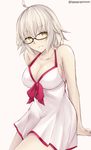  ahoge arm_support bangs banned_artist bare_arms bare_shoulders black-framed_eyewear bow breasts cleavage collarbone commentary_request cosplay dress eyebrows_visible_through_hair fate/grand_order fate_(series) glasses grey_hair hair_between_eyes jeanne_d'arc_(alter)_(fate) jeanne_d'arc_(fate)_(all) large_breasts looking_at_viewer mash_kyrielight mash_kyrielight_(cosplay) parted_lips pink_background pink_bow simple_background sleeveless sleeveless_dress smile solo swimsuit_of_perpetual_summer tasora twitter_username white_dress yellow_eyes 